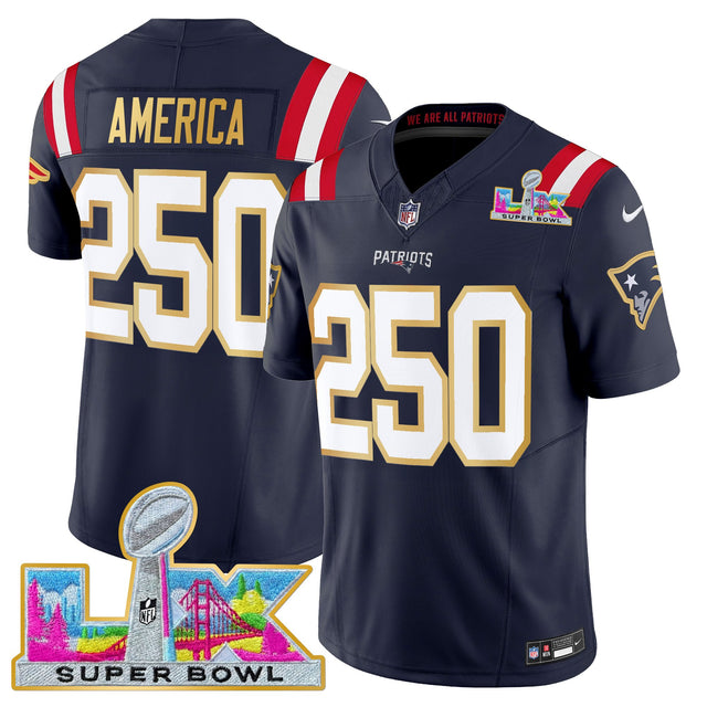 Men's New England Patriots Super Bowl LX Gold Trim Vapor Limited Jersey - All Stitched - Navy - #250 America — view 1