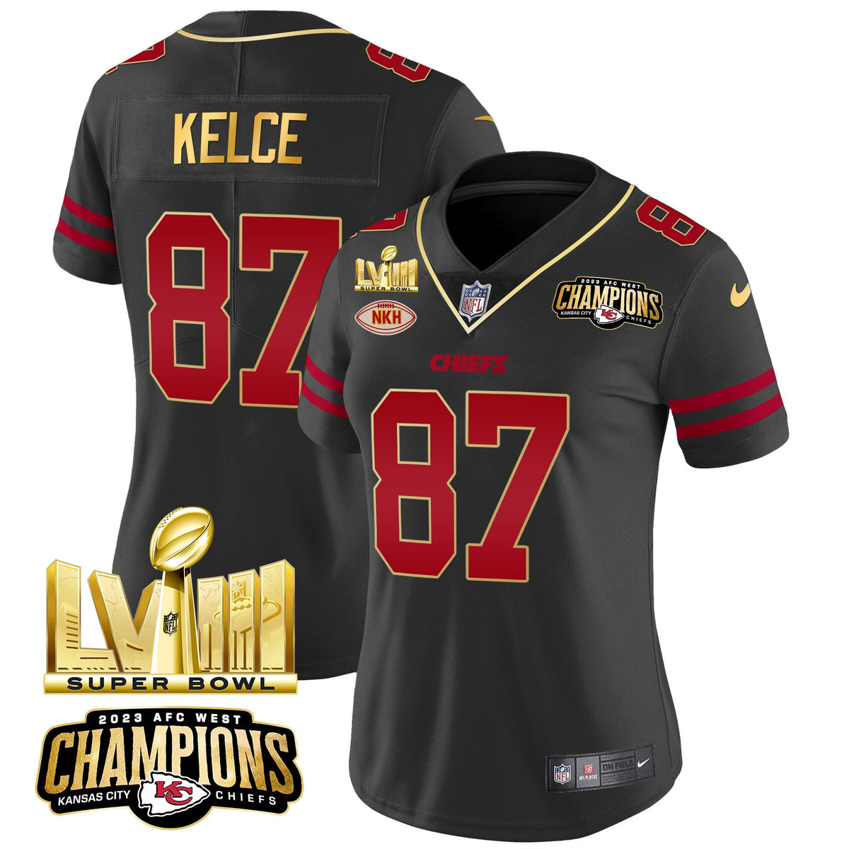 Women's Chiefs AFC West Champions & Super Bowl LVIII Gold Patch Vapor Jersey - All Stitched - Gold Trim - Travis Kelce — view 1