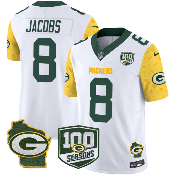 Men's Packers 100th Season & Home Patch Cheese Vapor Limited Jersey – All Stitched - White - Josh Jacobs — view 1