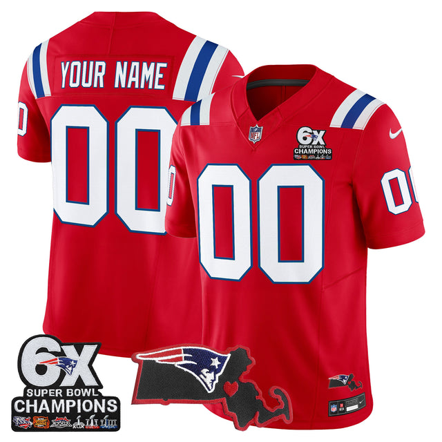New England Patriots 6-Time Champions & Massachusetts Patch Vapor Limited Custom Jersey - All Stitched - Red — view 1