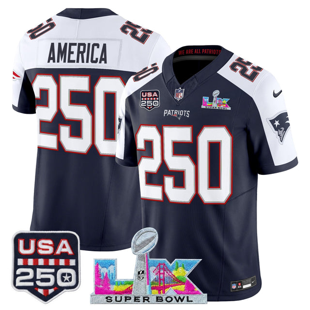 Men's New England Patriots Super Bowl LX & United States 250th Anniversary Patch Vapor Limited Jersey - All Stitched - Navy Alternate - #250 America — view 1
