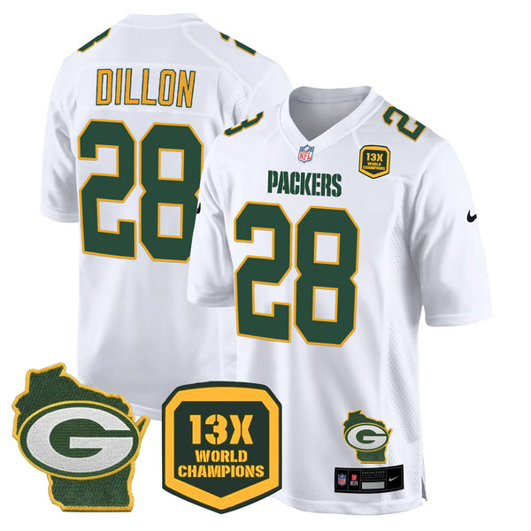 Men's Packers 13 Time World Champions & Home Patch Game Jersey – All Stitched - White - AJ Dillon — view 1