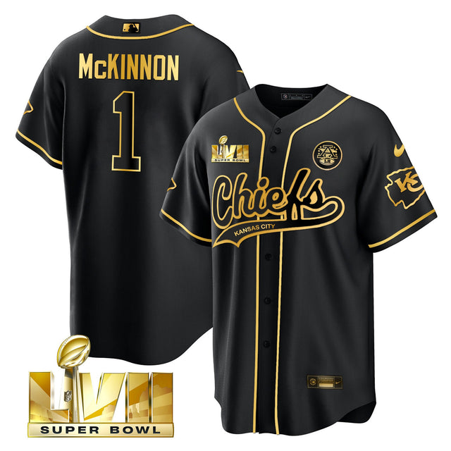 Youth's Chiefs Super Bowl LVII Cool base Jersey - All Stitched - Black Gold - Jerick McKinnon — view 1