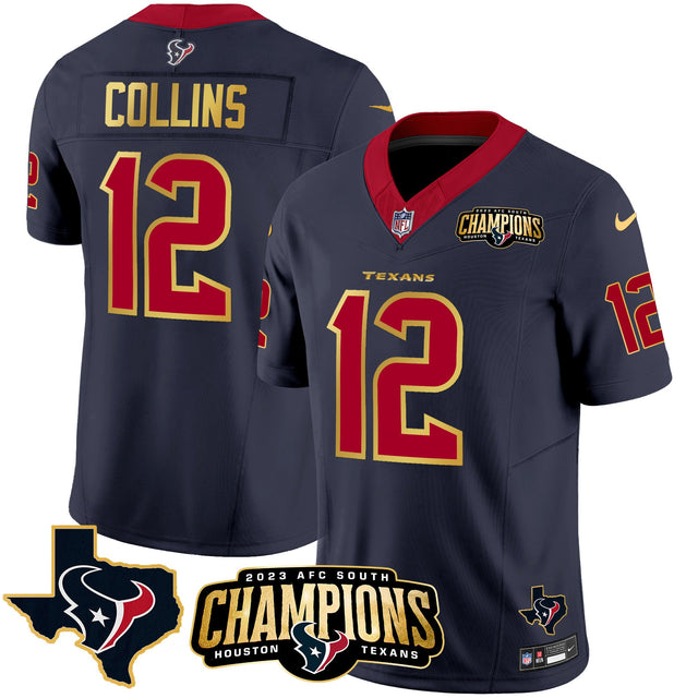 Men's Houston Texans 2023 AFC South Champions Patch Gold Trim Vapor Jersey - All Stitched - Navy - Nico Collins — view 1