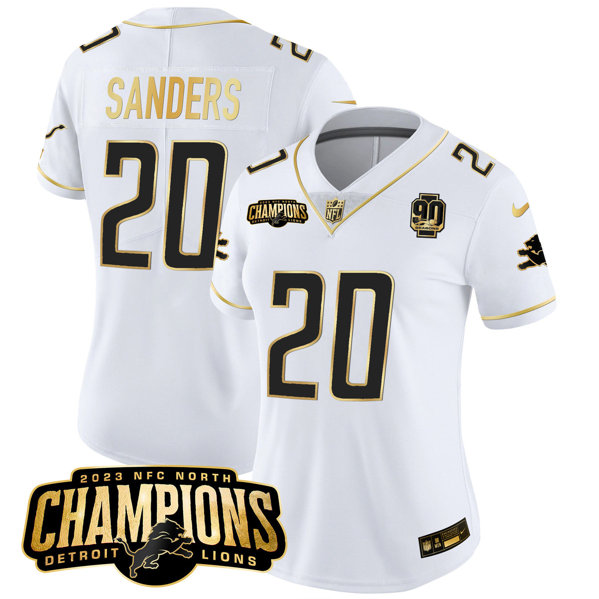Women's Detroit Lions 2023 NFC North Champions Patch Gold Vapor Jersey V2 - All Stitched - White Gold - Barry Sanders — view 1