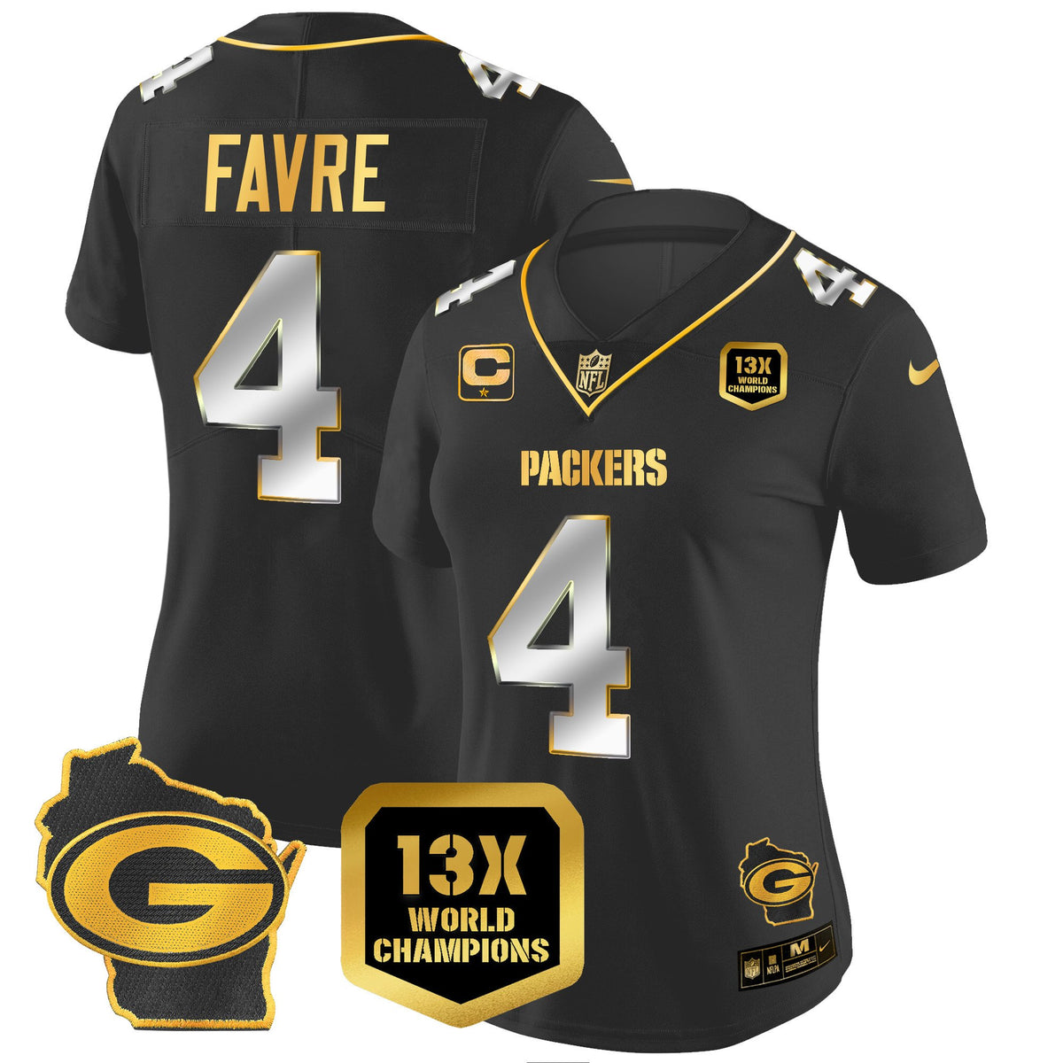 Women's Packers 13 Time World Champions & Home Patch Gold Vapor Jersey V2 – All Stitched - Black Limited - Brett Favre — view 1