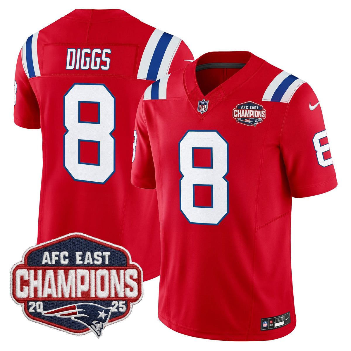 Men's New England Patriots 2025 AFC East Division Champions Vapor Limited Jersey - All Stitched - Red - Stefon Diggs — view 1