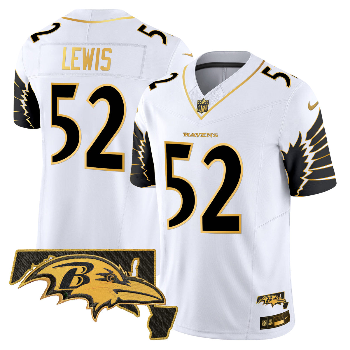 Men's Ravens Maryland Patch Gold Vapor Limited Jersey V2 - All Stitched - White Gold - Ray Lewis — view 1
