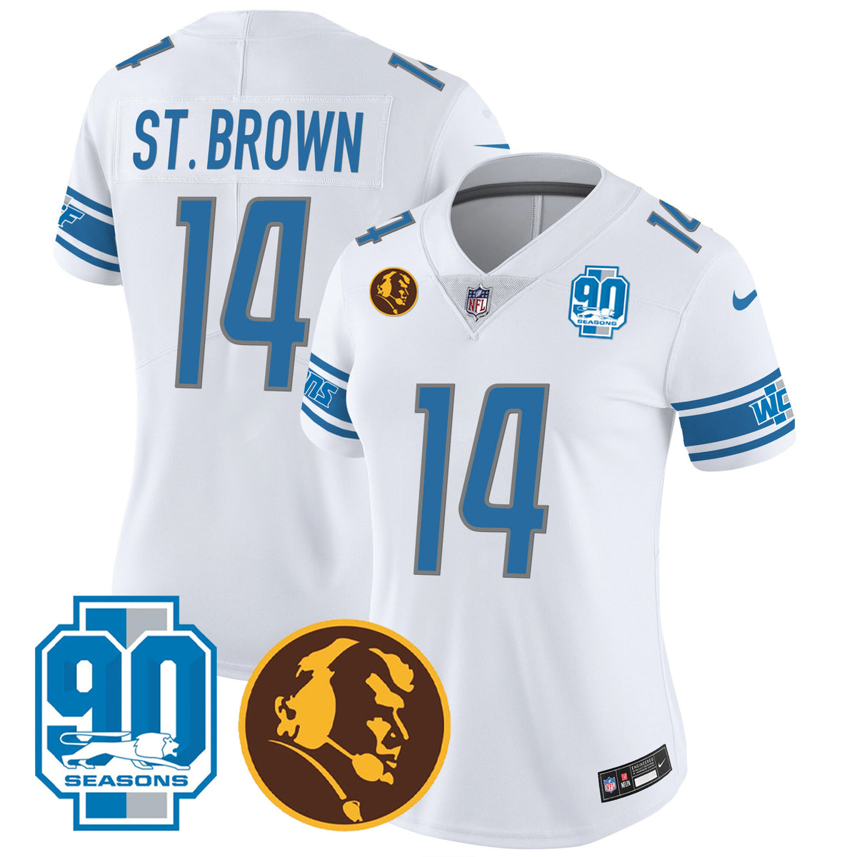 Women's Detroit Lions 90th & John Madden Patch Jersey - All Stitched - White - St. Brown — view 1
