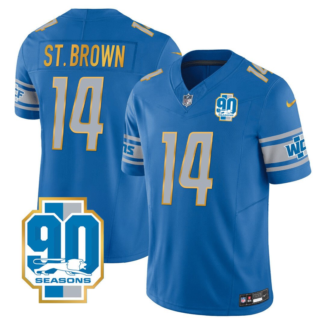 Men's Detroit Lions 90th Year Patch Gold Trim Jersey - All Stitched - Blue - St. Brown — view 1