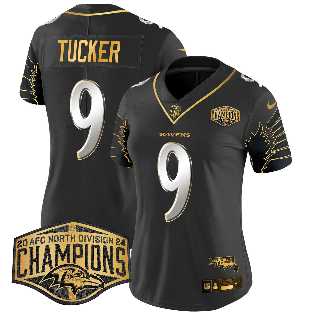 Women's Ravens Maryland 2024 AFC North Division Champions Patch Gold Vapor Limited Jersey - All Stitched - Black Limited - Justin Tucker — view 1