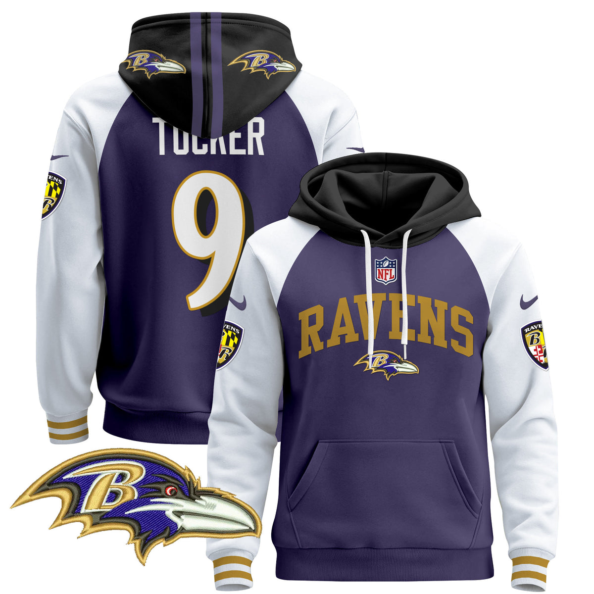 Men's Baltimore Ravens 2024 Pullover Hoodie V2 - All Stitched - Purple Alternate - Justin Tucker — view 1