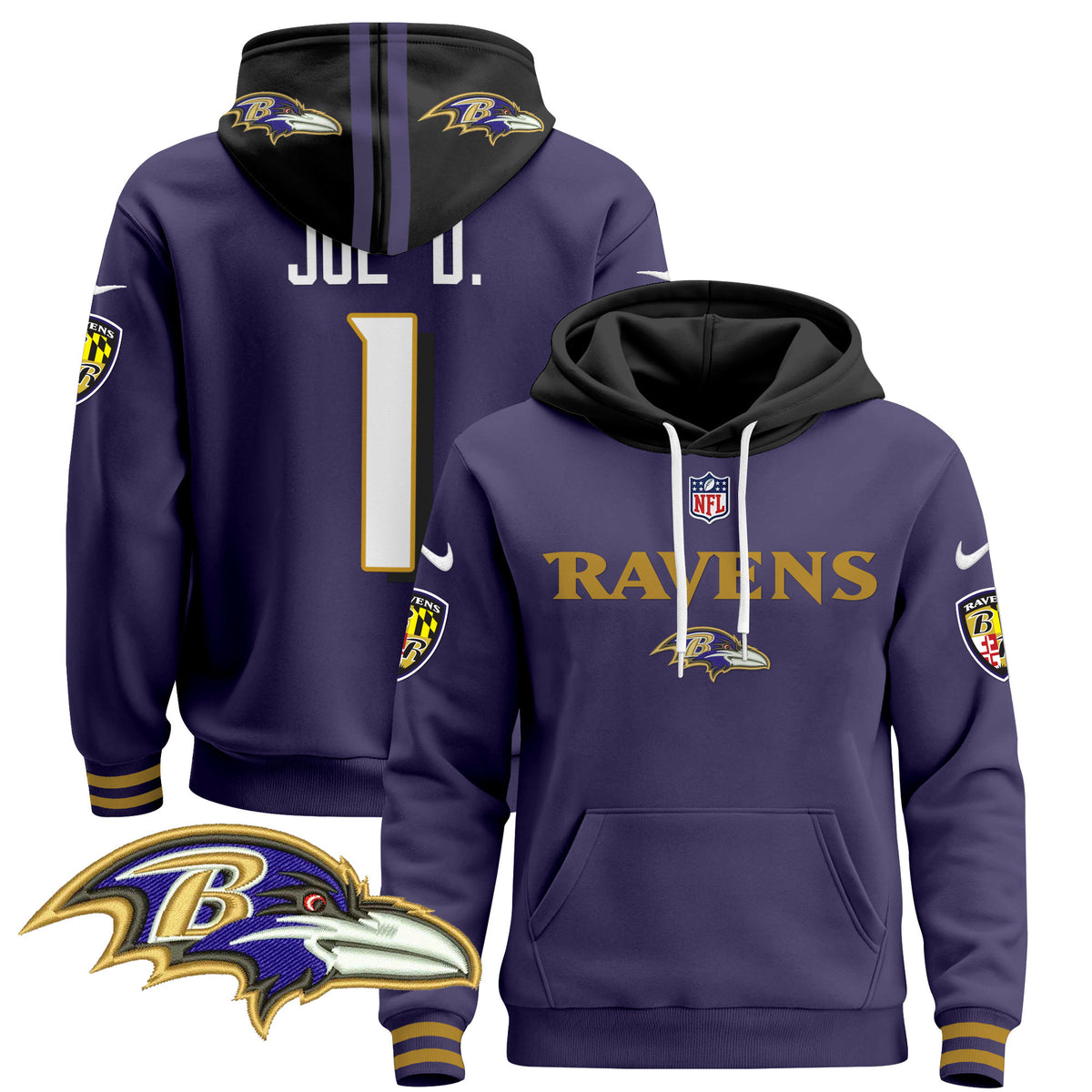 Men's Baltimore Ravens 2024 Pullover Hoodie V3 - All Stitched - Purple - Joe D — view 1