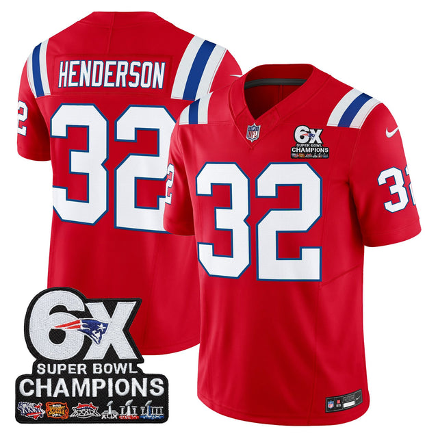 Men's New England Patriots 6-Time Champions Patch Vapor Limited Jersey - All Stitched - Red - TreVeyon Henderson — view 1