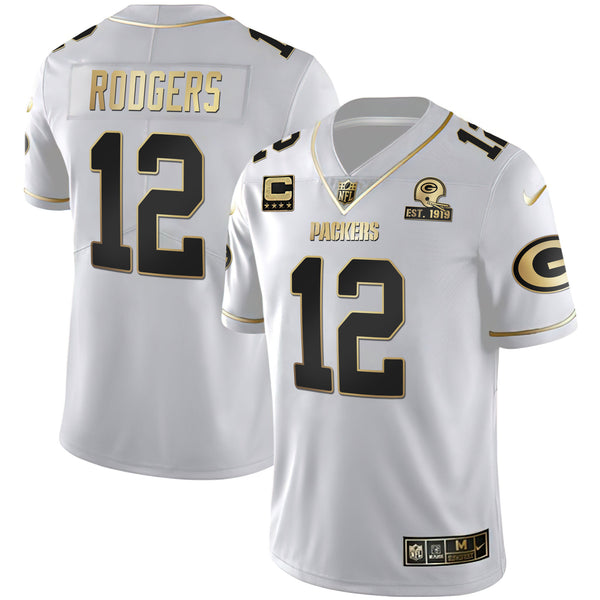 Green Bay Packers White Gold Jersey Est 1919 Patch - All Stitched - Aaron Rodgers — view 1