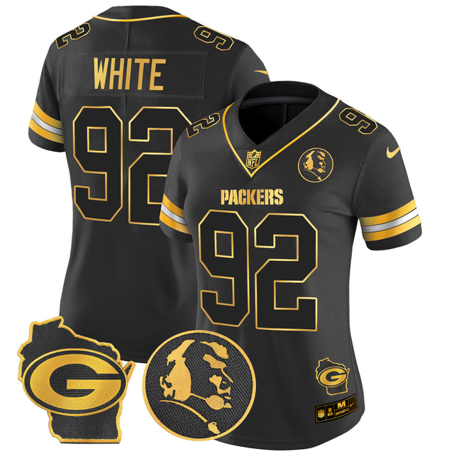 Women's Packers John Madden & Home Patch Gold Vapor Limited Jersey - All Stitched - Black Gold - Reggie White — view 1
