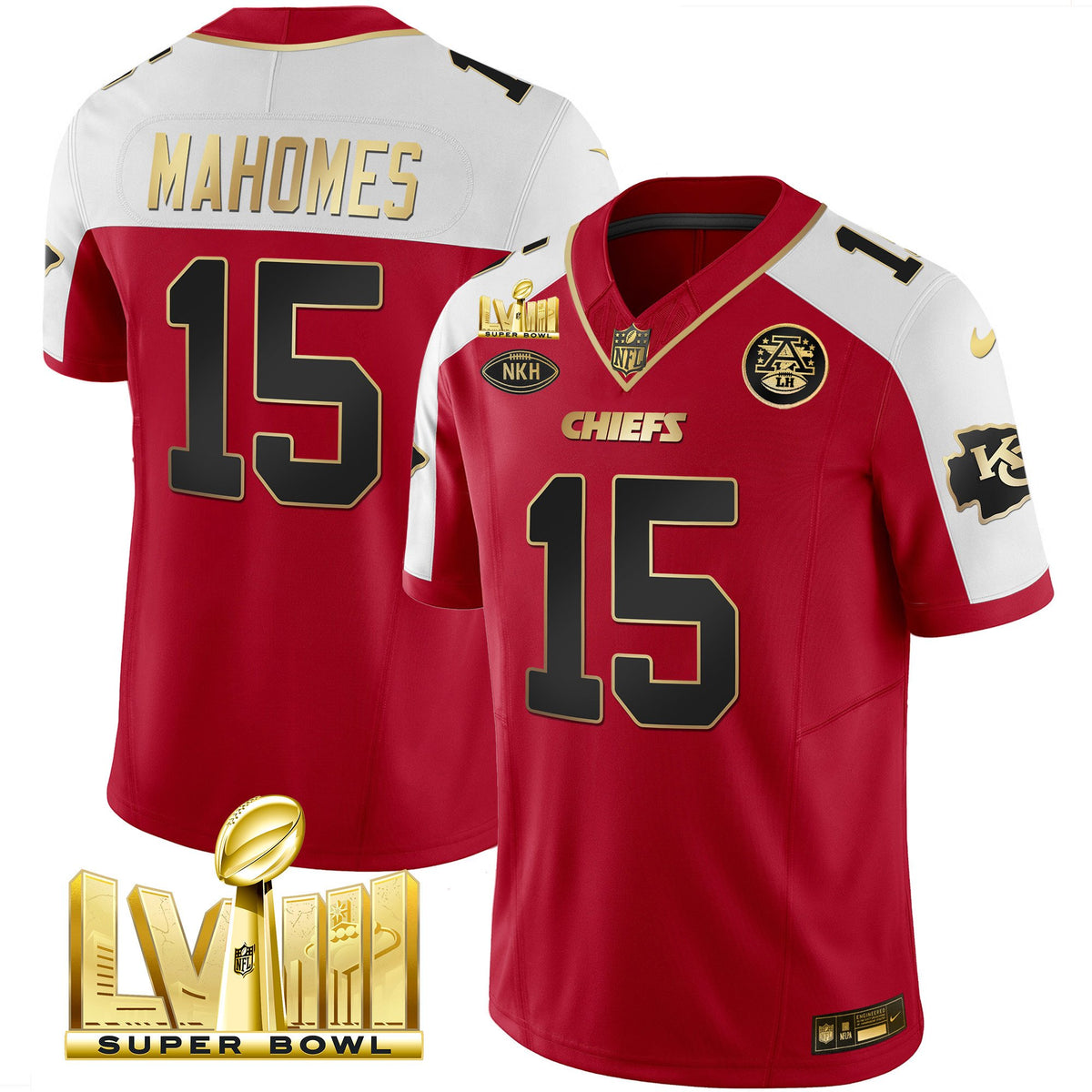 Men's Chiefs Super Bowl LVIII Gold Patch Vapor Jersey V2 - All Stitched - Red Alternate - Patrick Mahomes — view 1