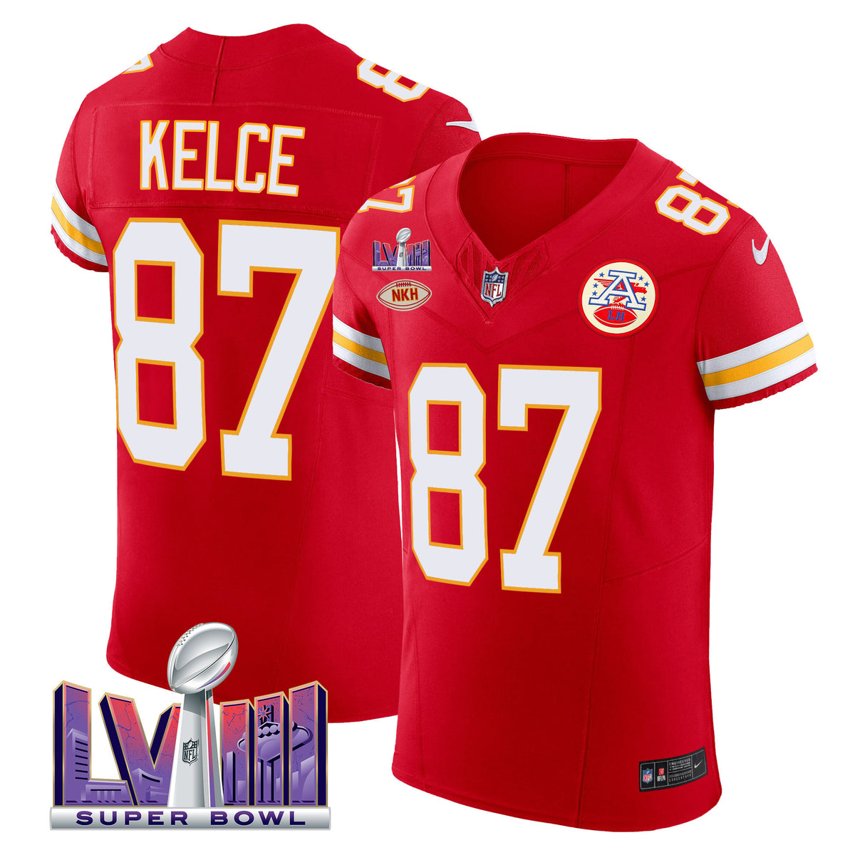 Men's Chiefs Super Bowl LVIII Gold Patch Vapor Elite Jersey - All Stitched - Red - Travis Kelce — view 1