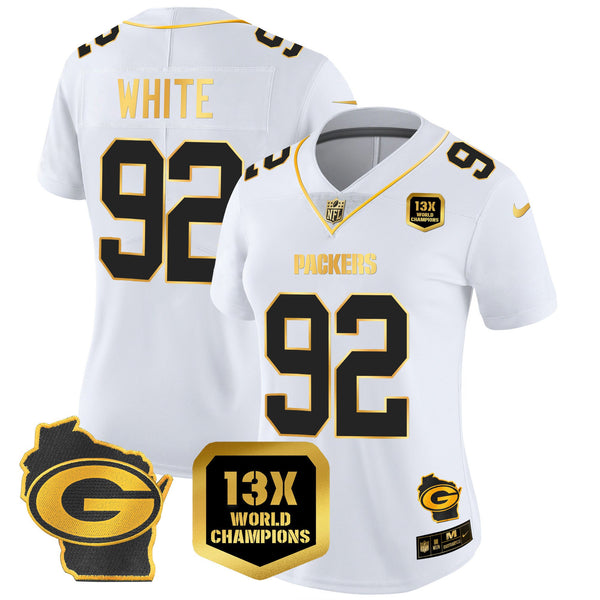 Women's Packers 13 Time World Champions & Home Patch Gold Vapor Jersey – All Stitched - White Gold - Reggie White — view 1