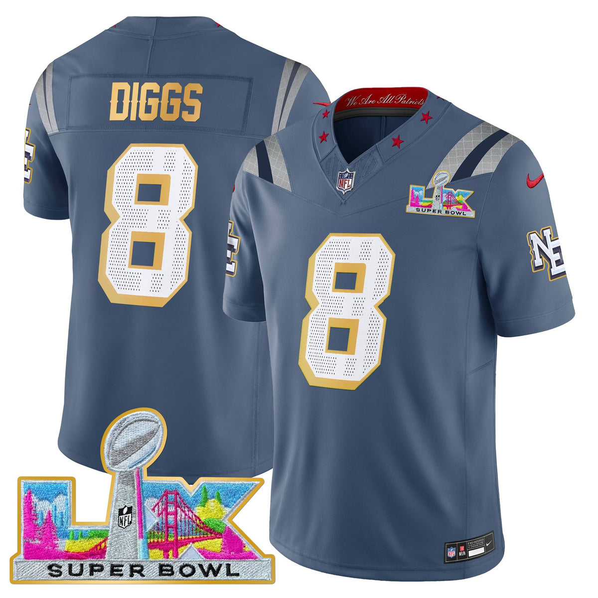 Men's New England Patriots Super Bowl LX Gold Trim Vapor Limited Jersey - All Stitched - Storm Blue - Stefon Diggs — view 1