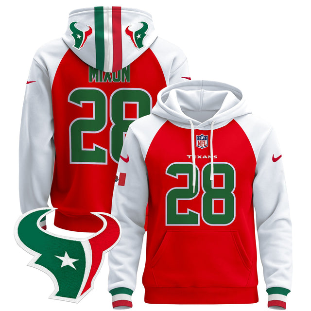 Men's Houston Texans Mexico 2024 Pullover Hoodie - All Stitched - Red Alternate - Joe Mixon — view 1