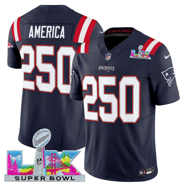 Men's New England Patriots Super Bowl LX Vapor Limited Jersey - All Stitched - Navy - #250 America — view 1