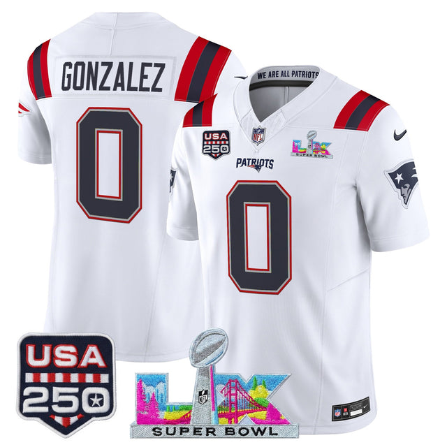Men's New England Patriots Super Bowl LX & United States 250th Anniversary Patch Vapor Limited Jersey - ~25cf8277 - White - Christian Gonzalez — view 1