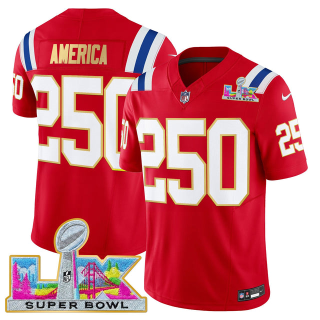 Men's New England Patriots Super Bowl LX Gold Trim Vapor Limited Jersey - All Stitched - Red - #250 America — view 1