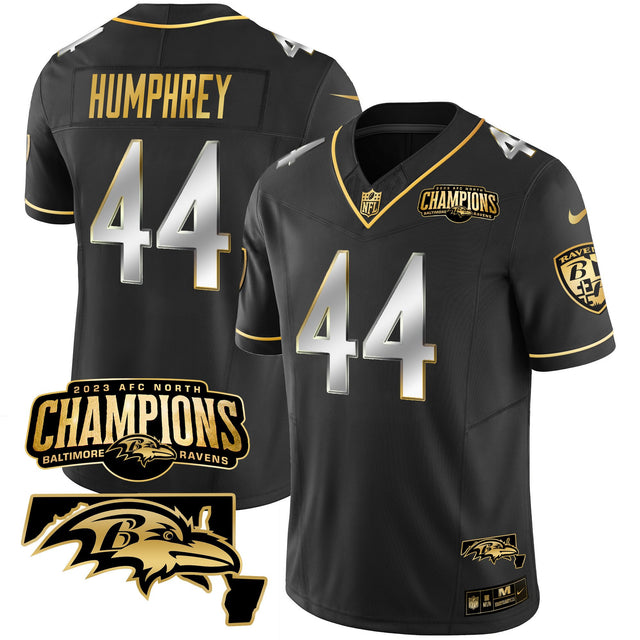 Men's Ravens 2023 AFC North Champions & Maryland Patch Gold Vapor Jersey - All Stitched - Black Limited - Marlon Humphrey — view 1