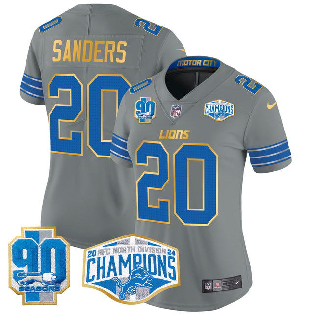 Women's Detroit Lions 2024 NFC North Division Champions Patch Gold Trim Vapor Limited Jersey - All Stitched - Gray - Barry Sanders — view 1