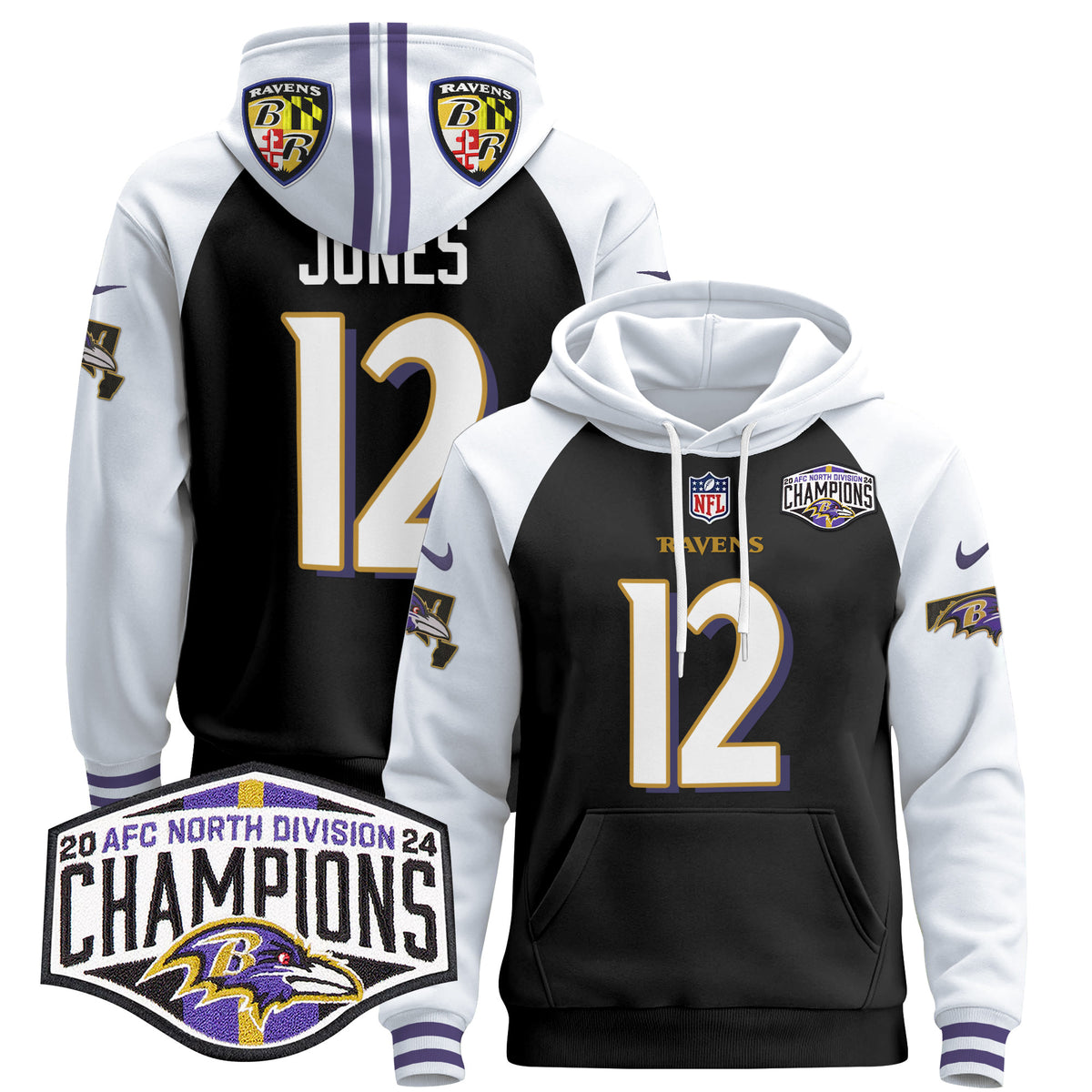 Men's Baltimore Ravens 2024 AFC North Division Champions Patch Pullover Hoodie V2 - All Stitched - Black Alternate - Jacoby Jones — view 1