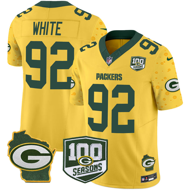 Men's Packers 100th Season & Home Patch Cheese Vapor Limited Jersey – All Stitched - Gold - Reggie White — view 1