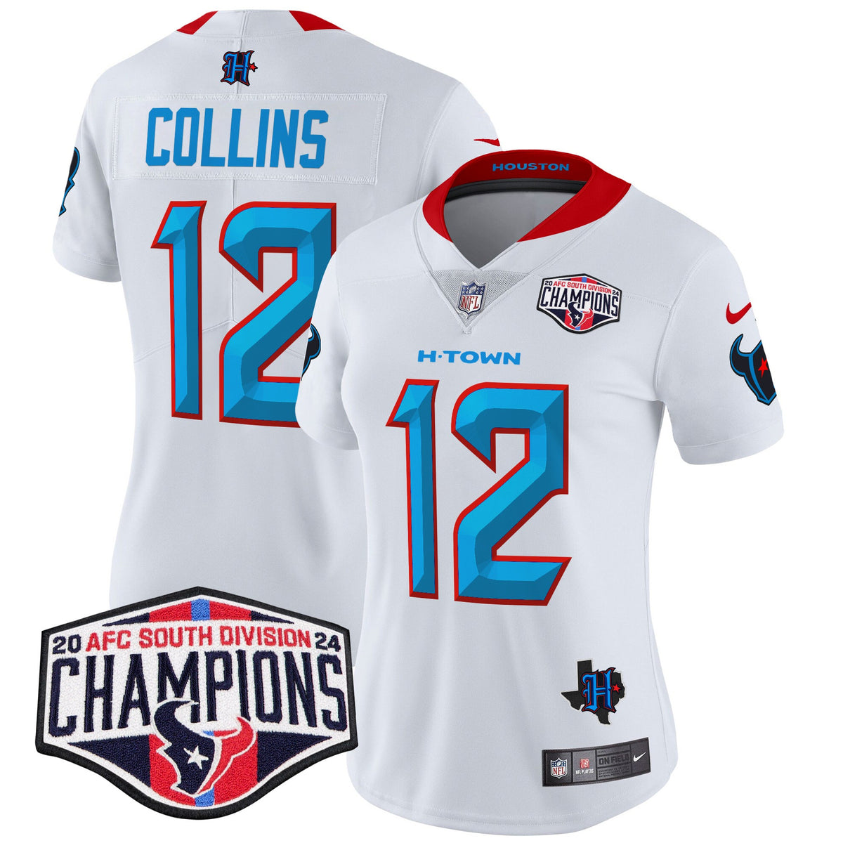 Women's Houston Texans 2024 AFC South Division Champions Patch Vapor Limited Jersey - All Stitched - White - Nico Collins — view 1