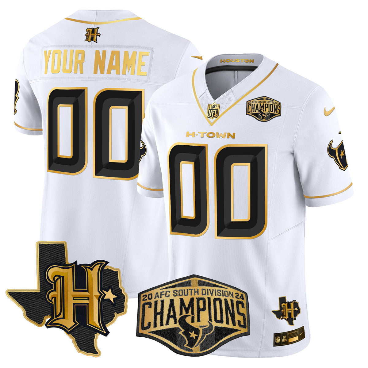 Houston Texans 2024 AFC South Division Champions Patch Gold Vapor Limited Custom Jersey - All Stitched - White Gold — view 1