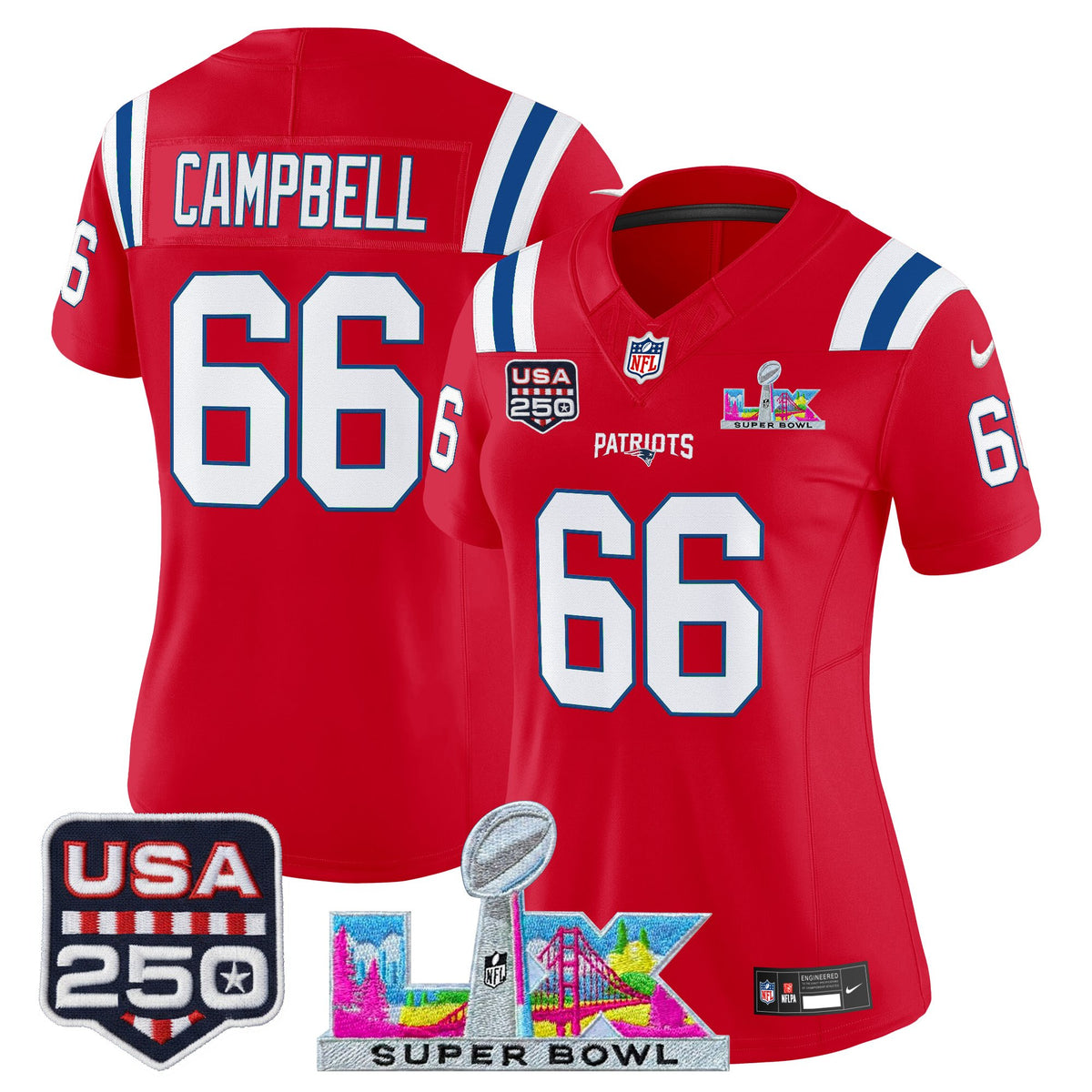 Women's New England Patriots Super Bowl LX & United States 250th Anniversary Patch Vapor Limited Jersey - All Stitched - Red - Will Campbell — view 1
