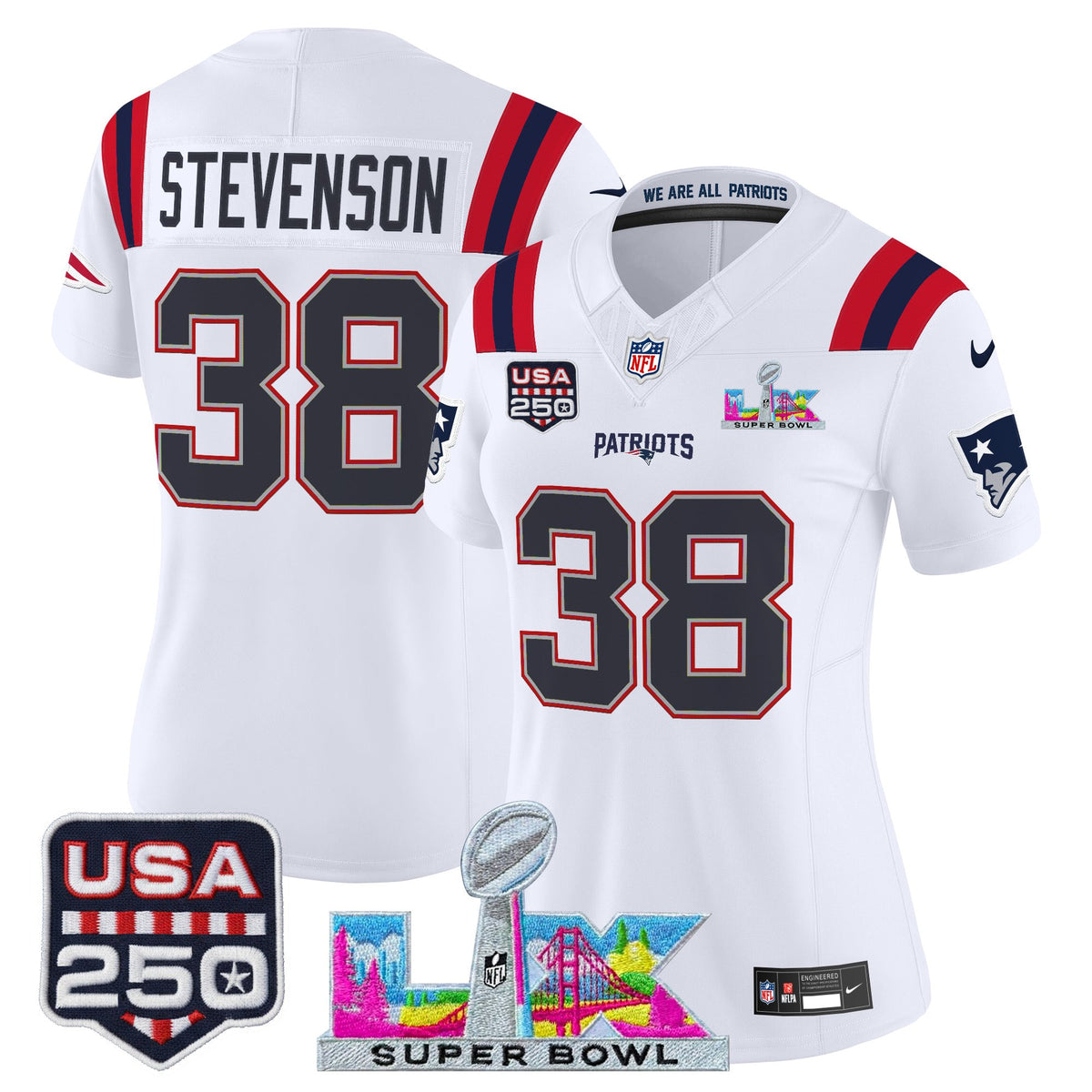 Women's New England Patriots Super Bowl LX & United States 250th Anniversary Patch Vapor Limited Jerse ~63b3501f - White - Rhamondre Stevenson — view 1