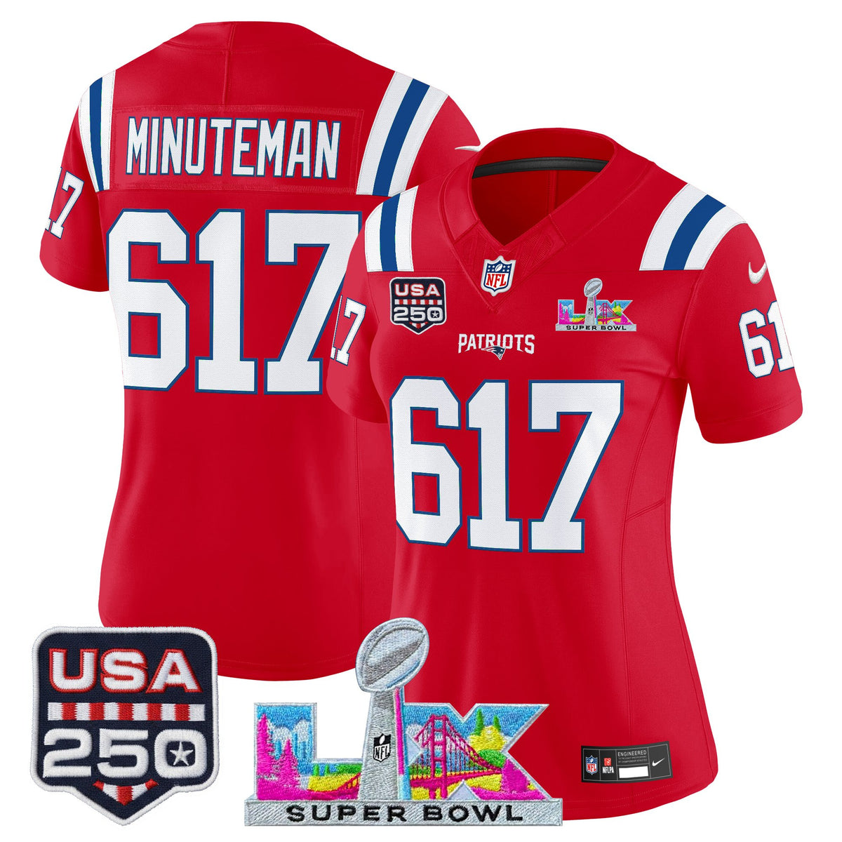 Women's New England Patriots Super Bowl LX & United States 250th Anniversary Patch Vapor Limited Jersey - All Stitched - Red - Minuteman 617 — view 1