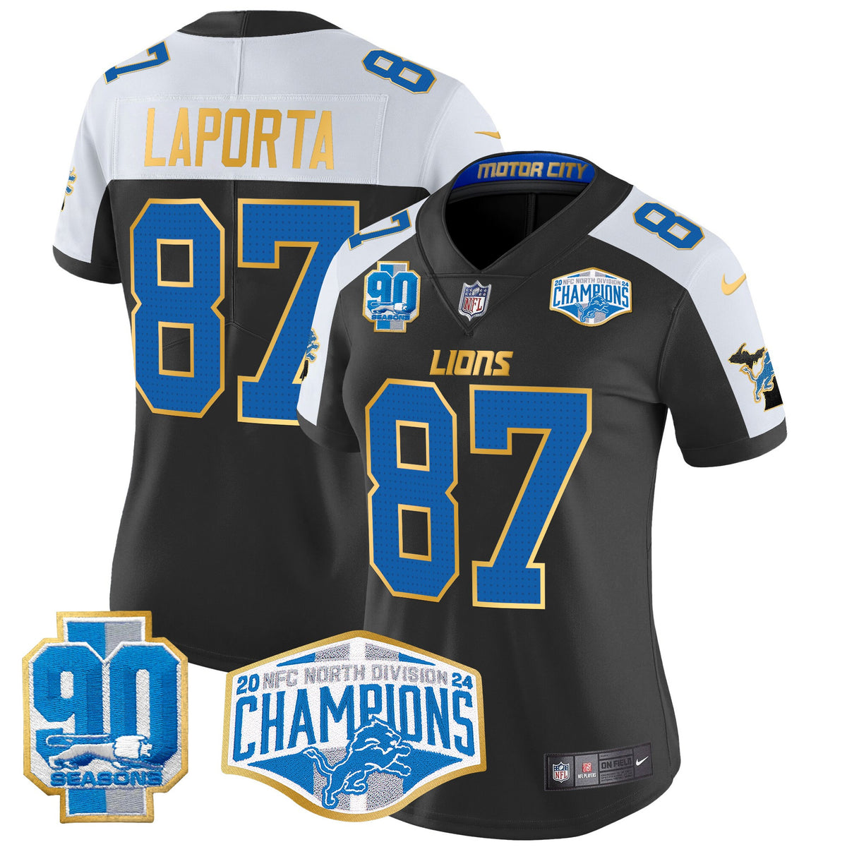 Women's Detroit Lions 2024 NFC North Division Champions Patch Gold Trim Vapor Limited Jersey - All Stitched - Black Alternate - Sam Laporta — view 1