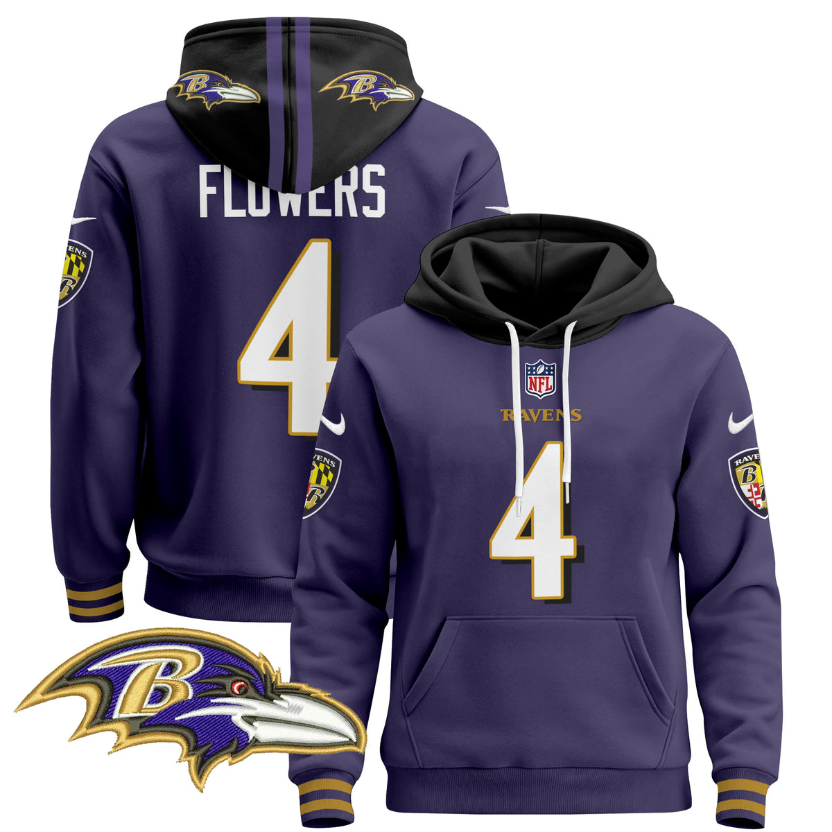 Men's Baltimore Ravens 2024 Pullover Hoodie V4 - All Stitched - Purple - Zay Flowers — view 1