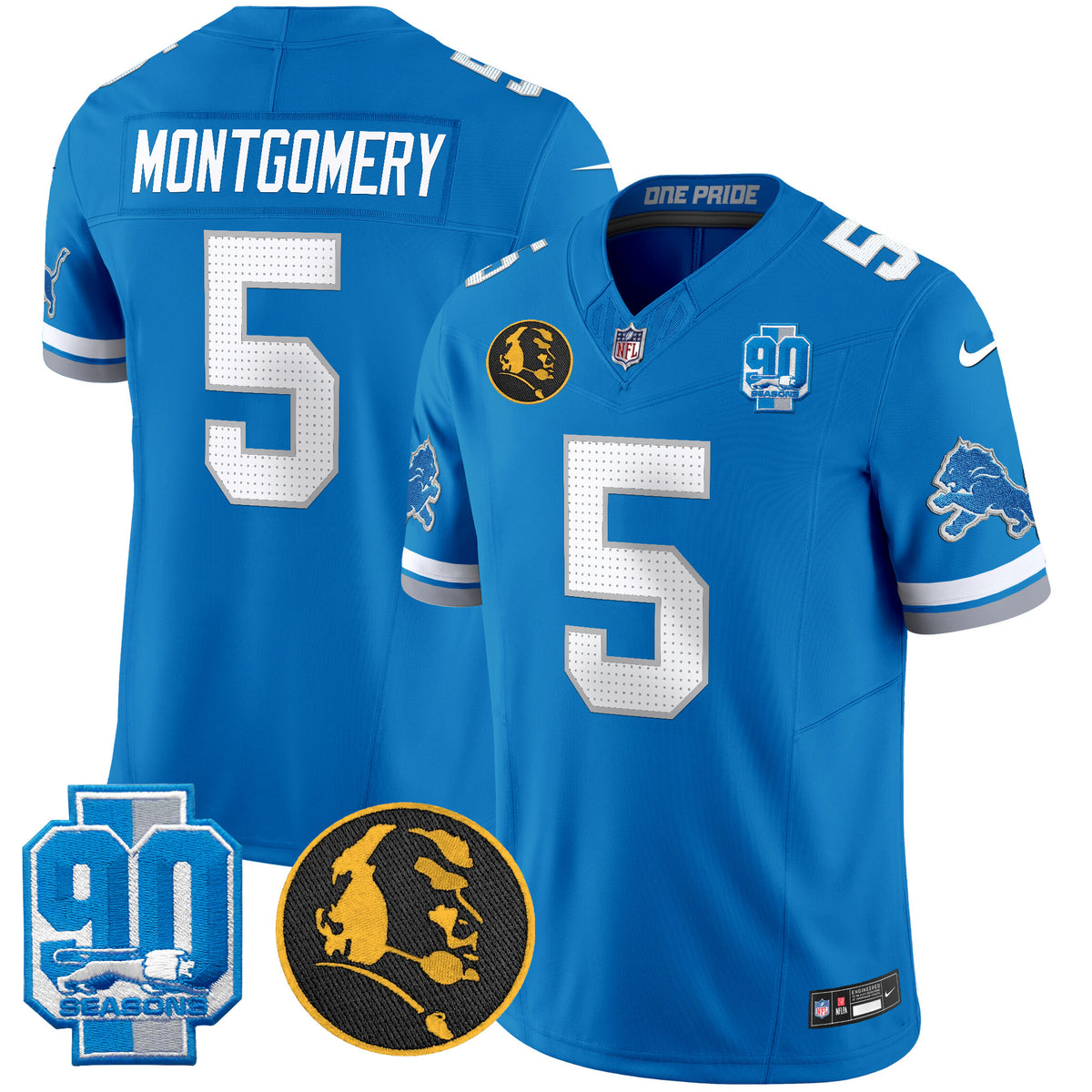 Men's Detroit Lions 2024 90th & John Madden Patch Vapor Limited Jersey V2 - All Stitched - Blue - David Montgomery — view 1