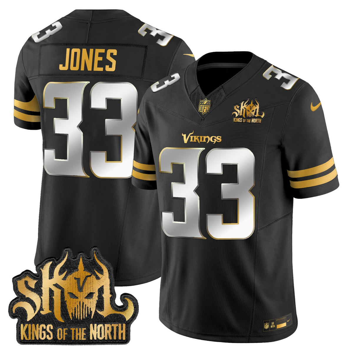 Men's Minnesota Vikings 2025 Gold Vapor Limited Jersey - Kings Of The North Patch - All Stitched - Black Limited - Aaron Jones — view 1