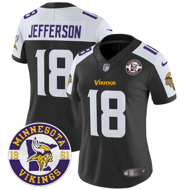 Women's Minnesota Vikings 2024 Vapor Limited Jersey V2 - Est. 1961 Patch - All Stitched - Black Alternate - Justin Jefferson — view 1