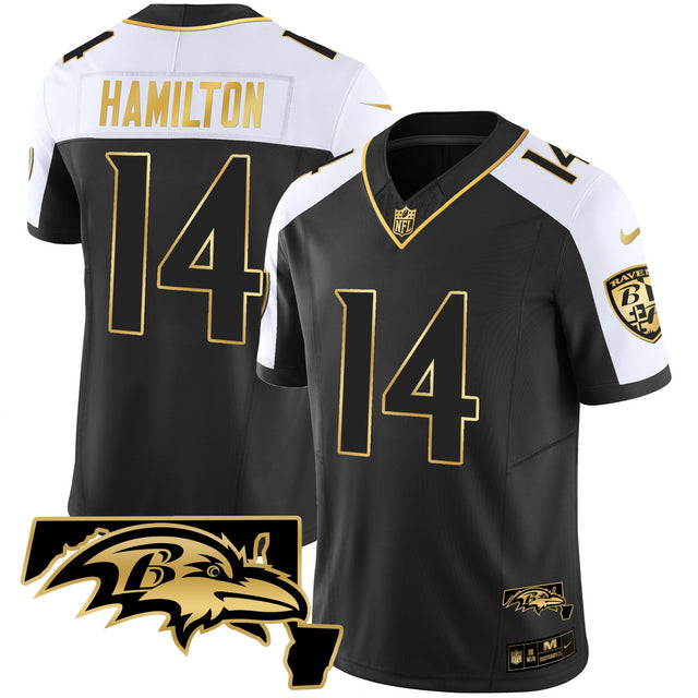 Men's Ravens Maryland Patch Vapor Gold Jersey - All Stitched - Alternate - Kyle Hamilton — view 1