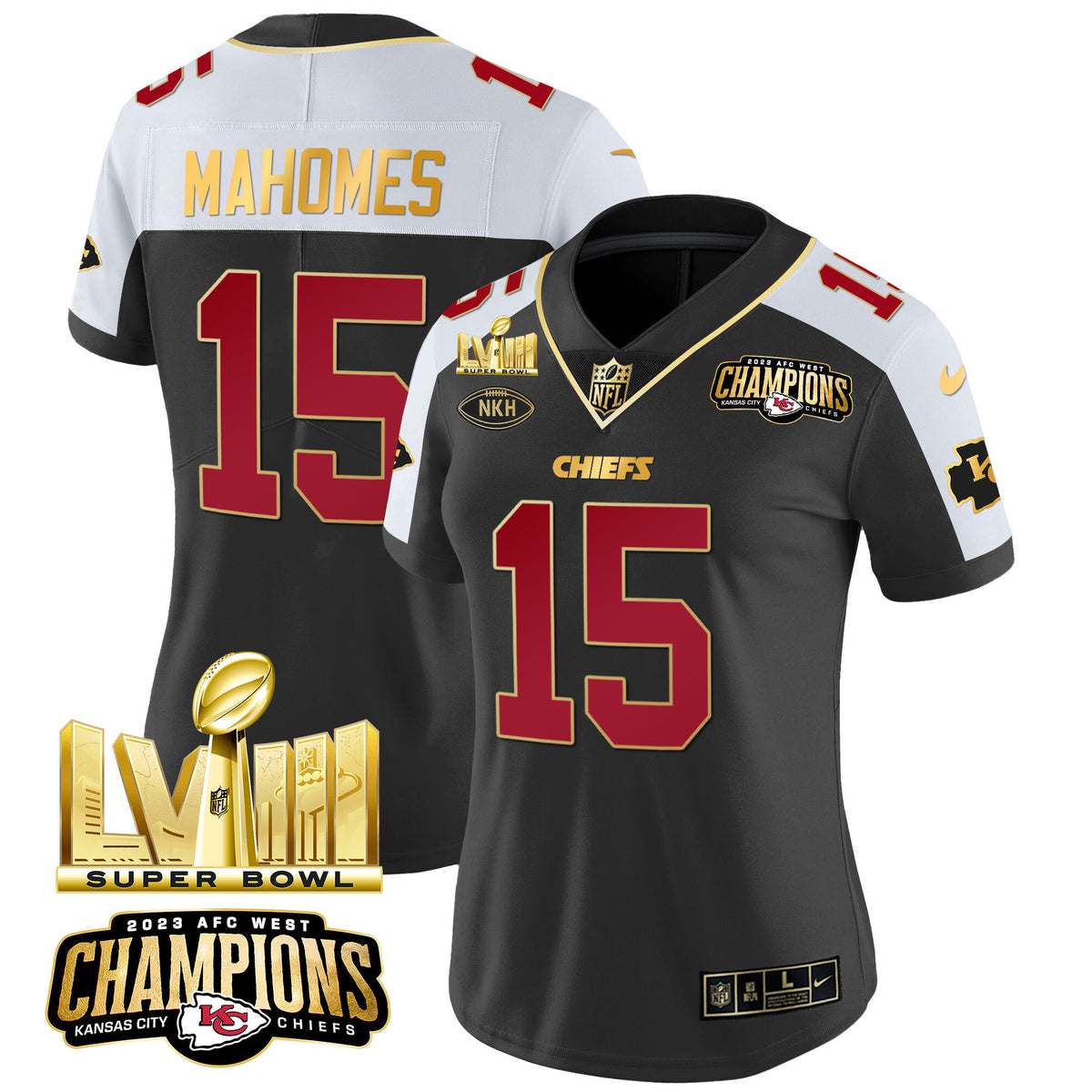 Women's Chiefs AFC West Champions & Super Bowl LVIII Gold Patch Vapor Jersey - All Stitched - Black Alternate - Patrick Mahomes — view 1