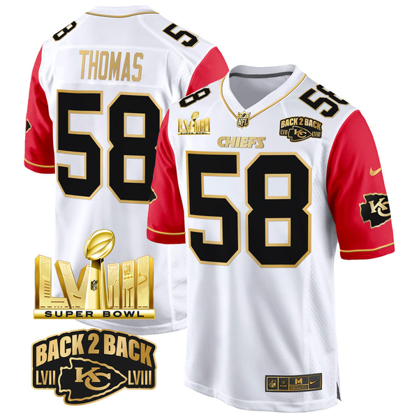 Men's Chiefs Super Bowl LVIII & Back 2 Back Gold Game Jersey - All Stitched - Color Sleeves - Derrick Thomas — view 1