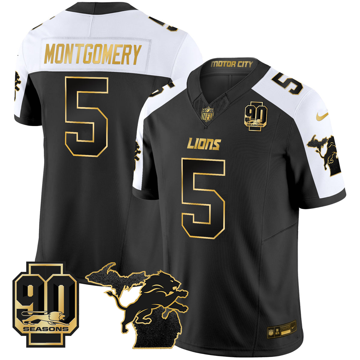 Men's Detroit Lions 2025 Michigan & 90th Season Patch Gold Vapor Limited Jersey - All Stitched - Alternate - David Montgomery — view 1