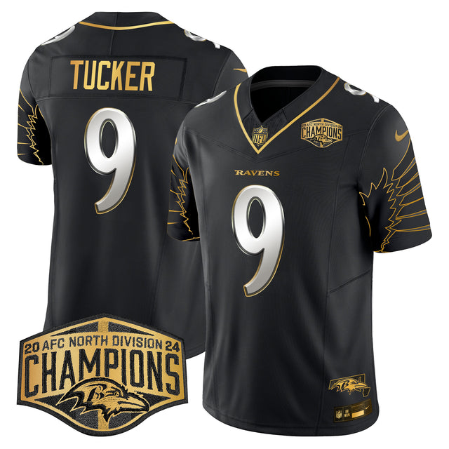 Men's Ravens Maryland 2024 AFC North Division Champions Patch Gold Vapor Limited Jersey - All Stitched - Black Limited - Justin Tucker — view 1