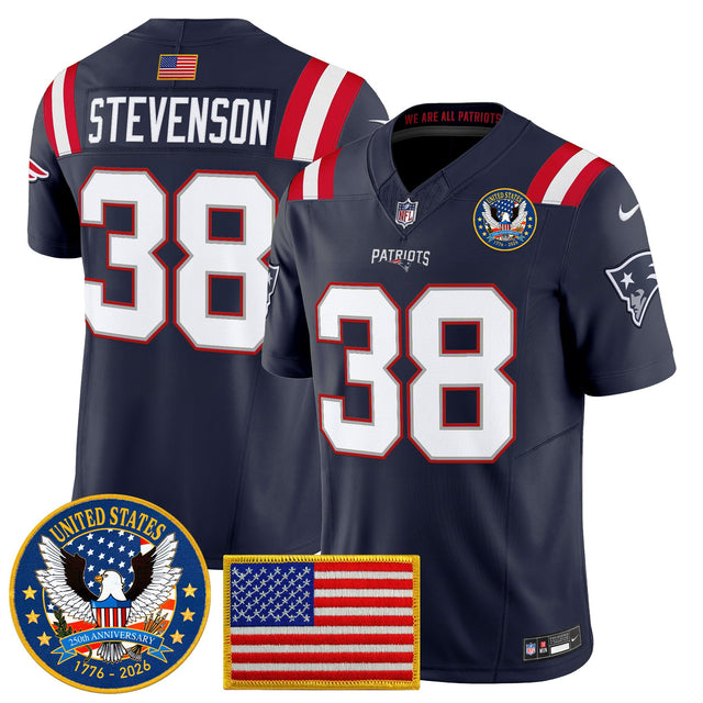 Men's New England Patriots United States 250th Anniversary Patch Vapor Limited Jersey - All Stitched - Navy - Rhamondre Stevenson — view 1