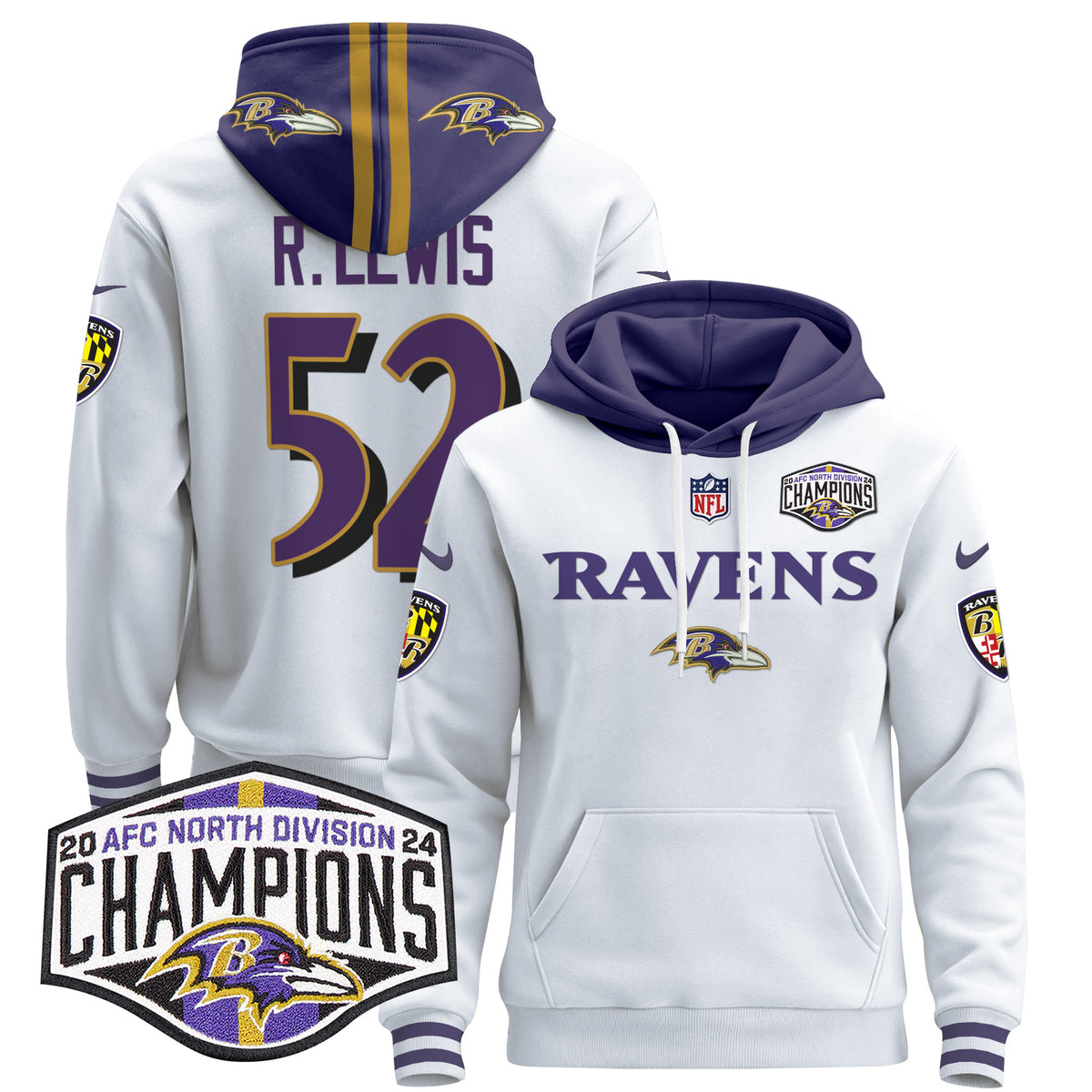 Men's Baltimore Ravens 2024 AFC North Division Champions Patch Pullover Hoodie - All Stitched - White - Ray Lewis — view 1