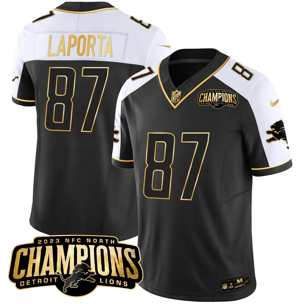 Men's Detroit Lions 2023 NFC North Champions Patch Gold Vapor Jersey - All Stitched - Alternate - Sam Laporta — view 1